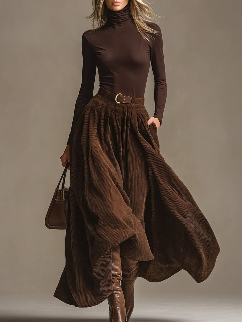Turtleneck Long Sleeve Top and Maxi Skirt Set